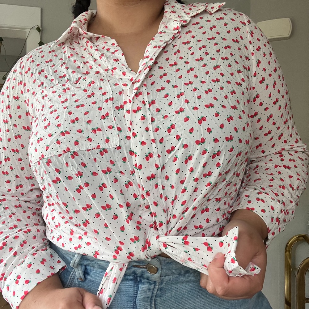 Lane Bryant Strawberry Dot Print Button Down Blouse Plus Size